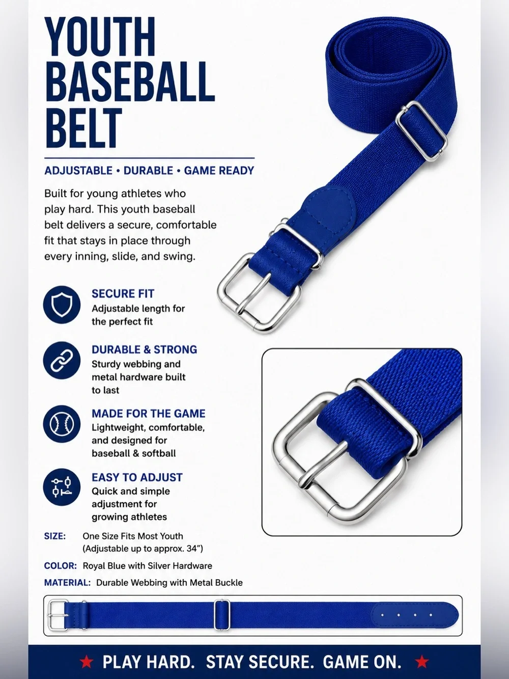 Youth Baseball Belt Royal Blue Adjustable Elastic Sports Belt One Size